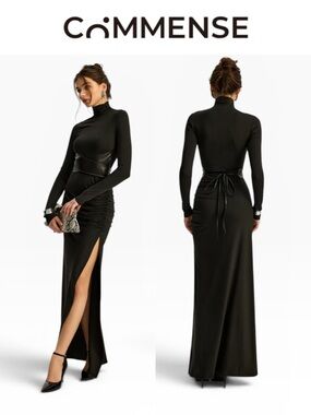 COMMENSE BLACK BELTED TURTLENECK MAXI DRESS HIGH SLIT RUCHED *NWT* SIZE XS